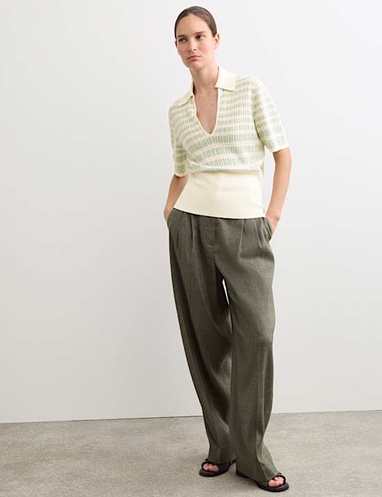 Linen Rich Striped Collared Knitted T-Shirt