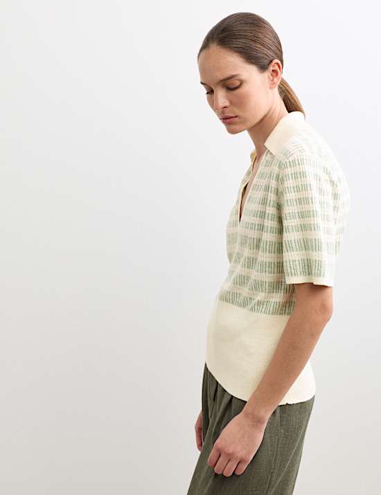 Linen Rich Striped Collared Knitted T-Shirt