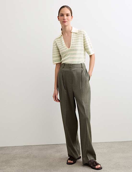 Linen Rich Striped Collared Knitted T-Shirt