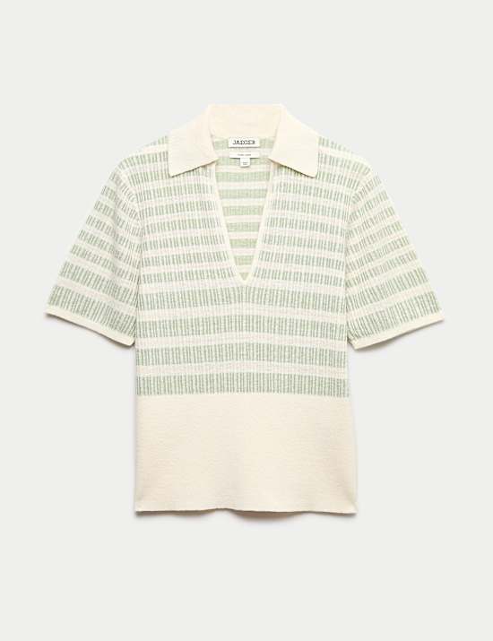 Linen Rich Striped Collared Knitted T-Shirt