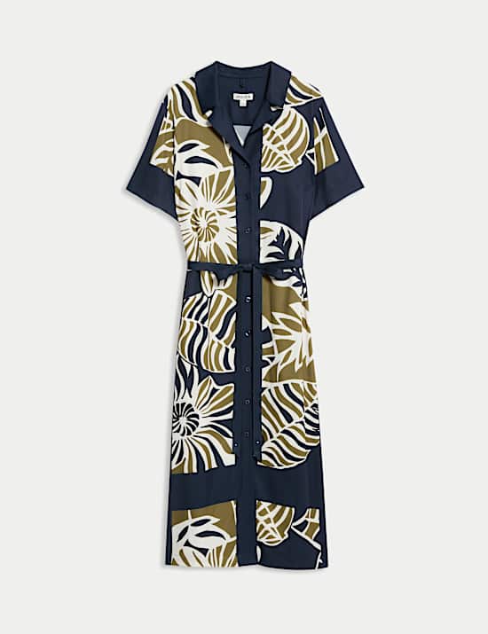 Robe chemise midi à rayure latérale et imprimé feuilles