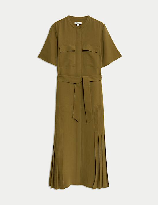 Robe chemise midi plissée sans encolure à motif chevrons et nœud à la taille