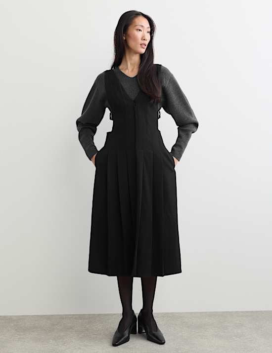 Wool Blend Pleated V Neck Midi Waisted Dress