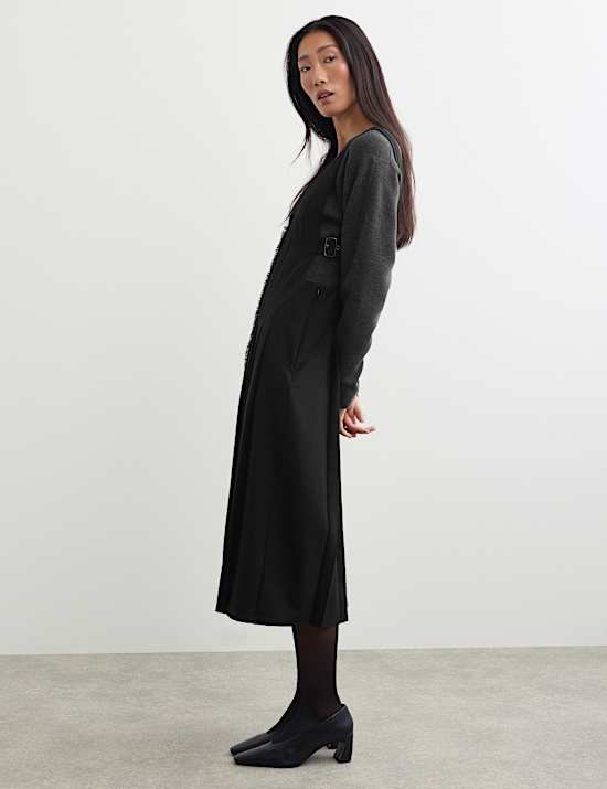 Wool Blend Pleated V Neck Midi Waisted Dress