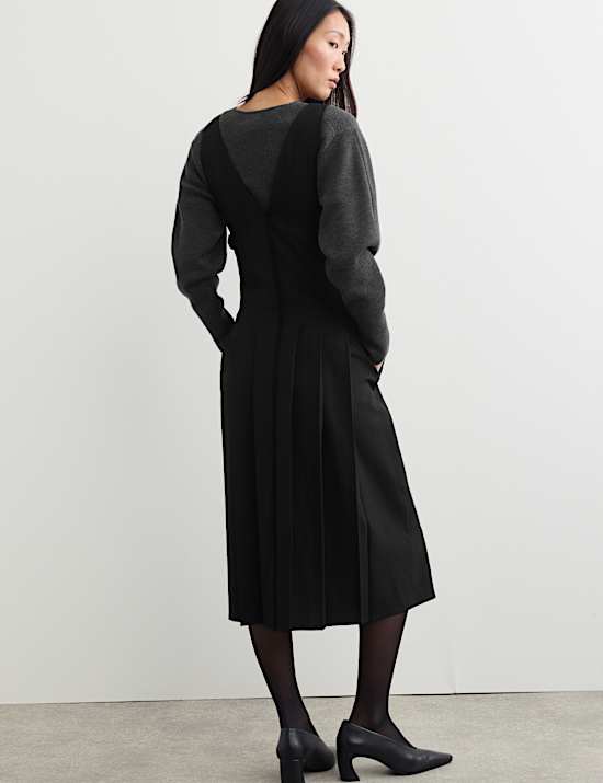 Wool Blend Pleated V Neck Midi Waisted Dress