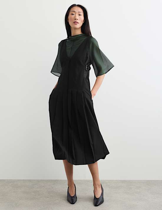 Wool Blend Pleated V Neck Midi Waisted Dress