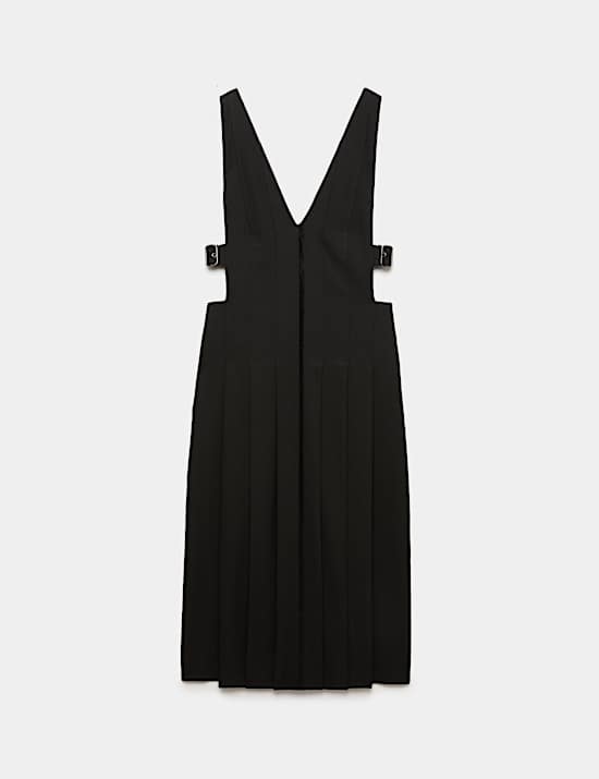 Wool Blend Pleated V Neck Midi Waisted Dress