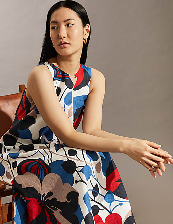 Robe midi coupe droite 100&nbsp;% lin à col V et motif fleuri