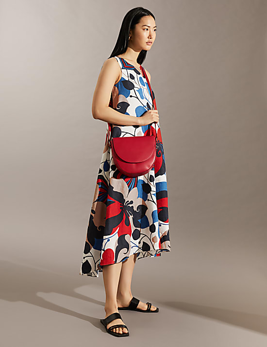 Robe midi coupe droite 100&nbsp;% lin à col V et motif fleuri