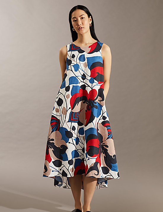 Robe midi coupe droite 100&nbsp;% lin à col V et motif fleuri