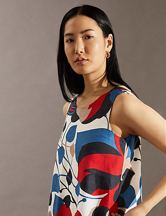 Robe midi coupe droite 100&nbsp;% lin à col V et motif fleuri