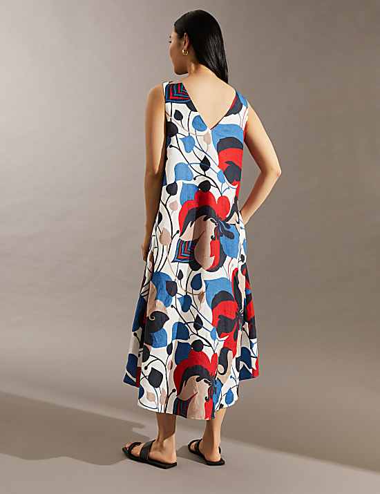 Robe midi coupe droite 100&nbsp;% lin à col V et motif fleuri