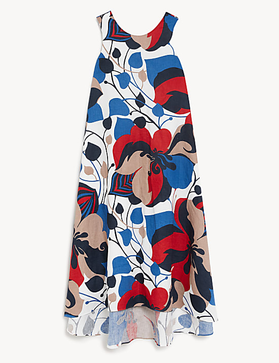 Robe midi coupe droite 100&nbsp;% lin à col V et motif fleuri