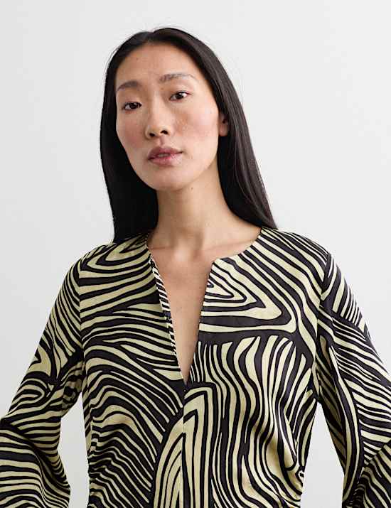 Pure Viscose Printed Notch Neck Knee Length Shift Dress