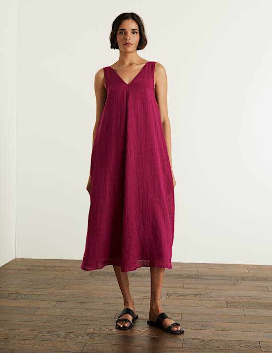 Pure Linen V-Neck Maxi Shift Dress