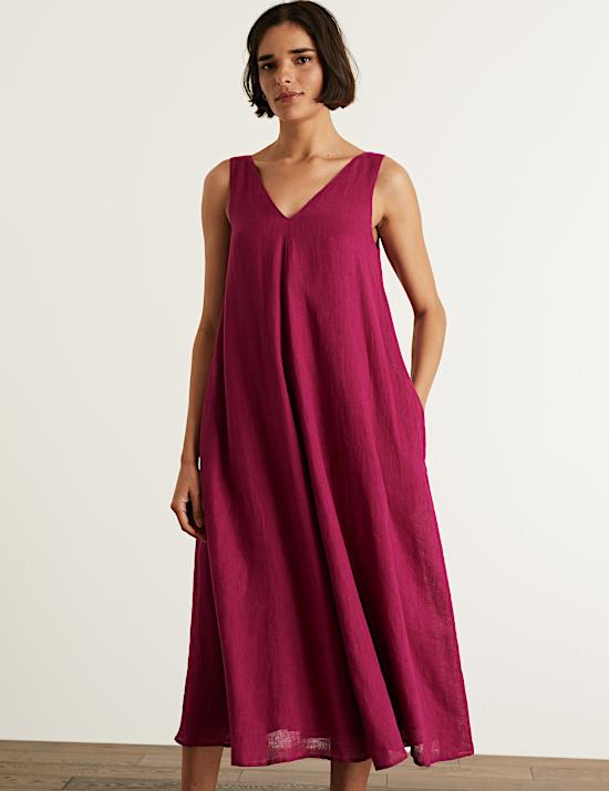 Pure Linen V-Neck Maxi Shift Dress