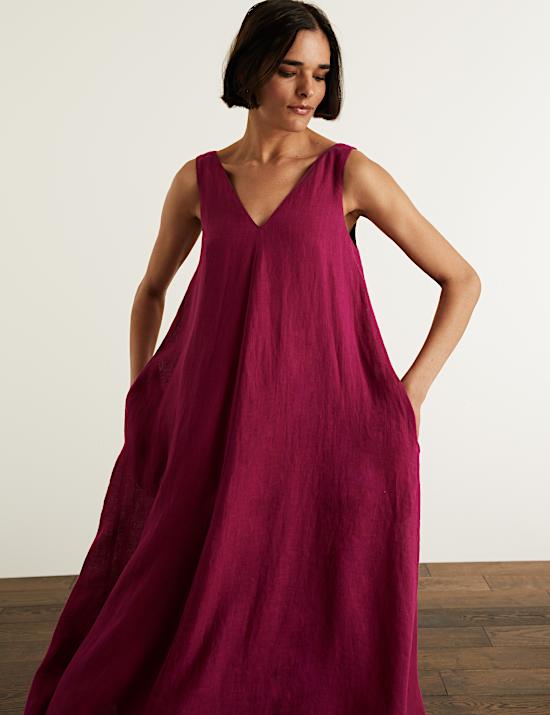 Pure Linen V-Neck Maxi Shift Dress
