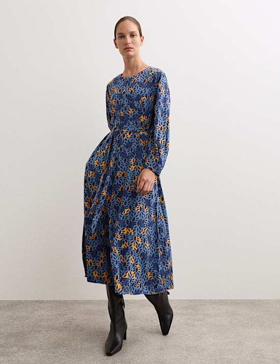 Μίντι φόρεμα με print φύλλα από 100% μετάξι