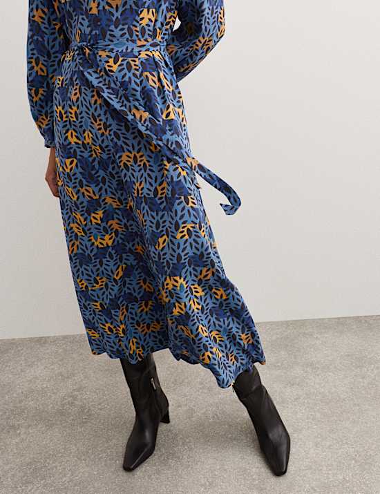 Μίντι φόρεμα με print φύλλα από 100% μετάξι