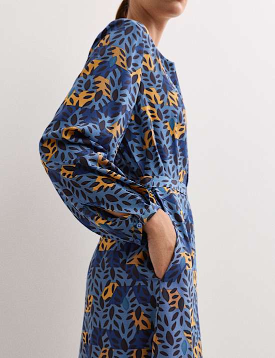 Μίντι φόρεμα με print φύλλα από 100% μετάξι