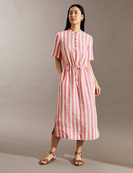 Pure Linen Striped Midi Waisted Dress