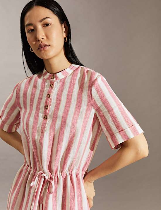 Pure Linen Striped Midi Waisted Dress