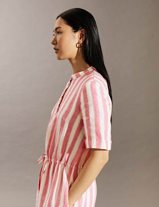 Pure Linen Striped Midi Waisted Dress