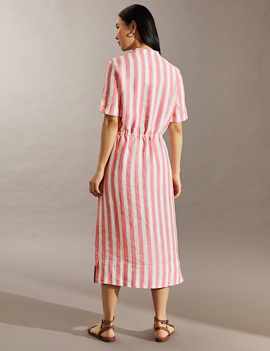 Pure Linen Striped Midi Waisted Dress