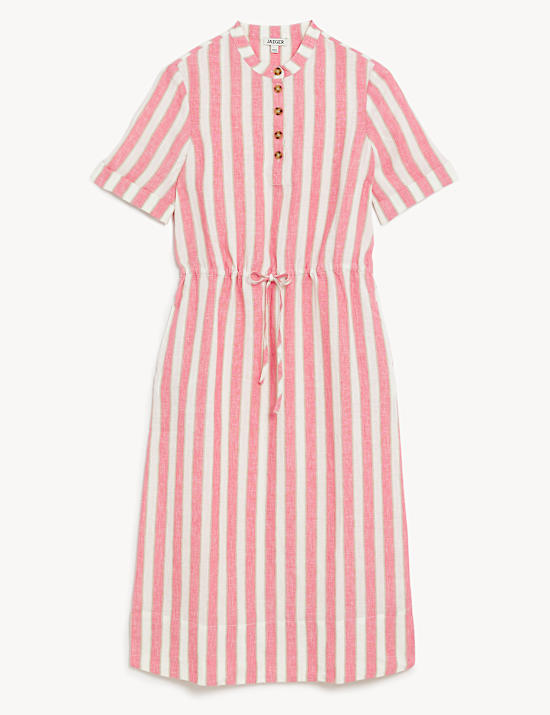 Pure Linen Striped Midi Waisted Dress