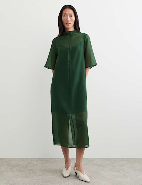 Organza Funnel Neck Midi Column Dress