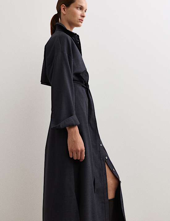 Robe trench midi en laine à fermeture boutonnée sur le devant