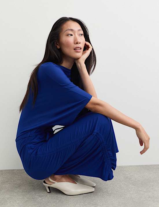 Fluid Drape Cowl Neck Tie Detail Midi Waisted Dress
