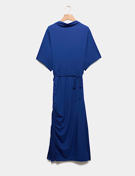 Fluid Drape Cowl Neck Tie Detail Midi Waisted Dress