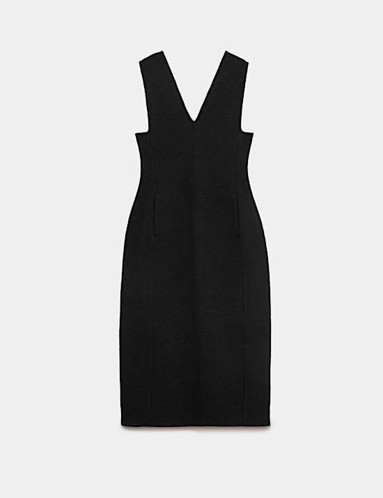 Robe midi 100 % laine textur&eacute;e &agrave; col en V