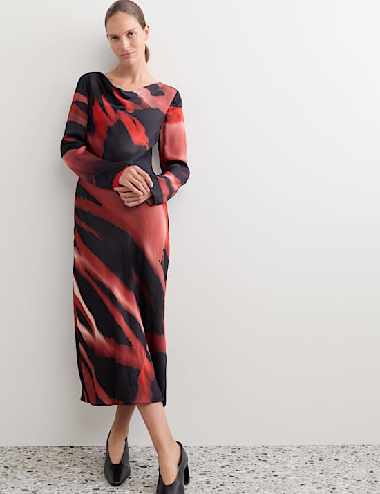 Satin Printed Cowl Neck Midi Slip Dress