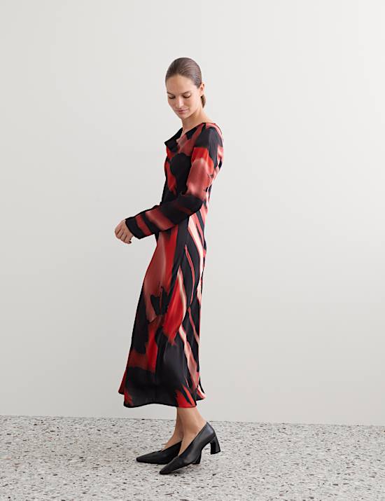 Satin Printed Cowl Neck Midi Slip Dress