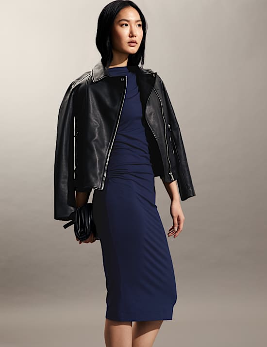 Jersey Round Neck Ruched Midi Dress