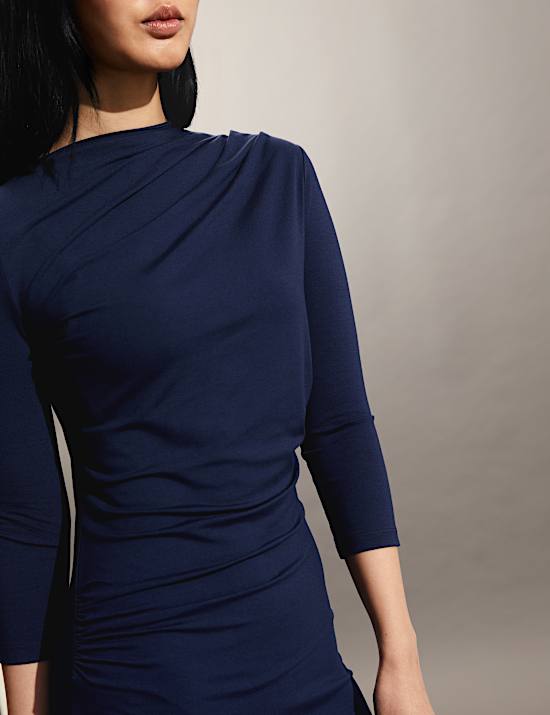 Jersey Round Neck Ruched Midi Dress