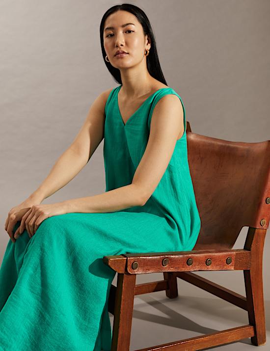 Pure Linen V-Neck Midi Smock Dress