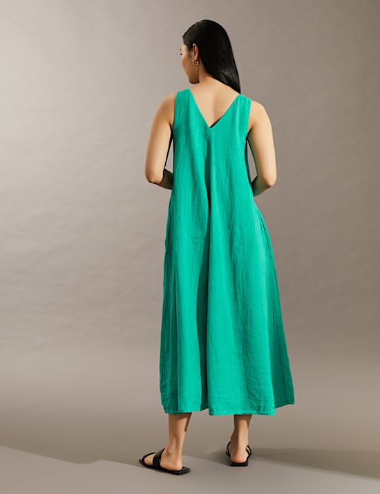 Pure Linen V-Neck Midi Smock Dress