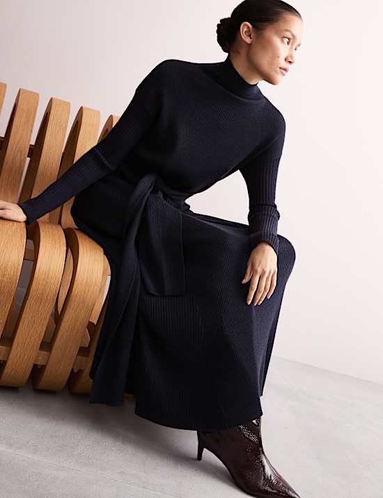 Pure Merino Wool Knitted Funnel Neck Dress