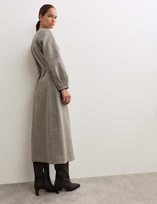 Wool Rich Flannel Belted Midi Dress