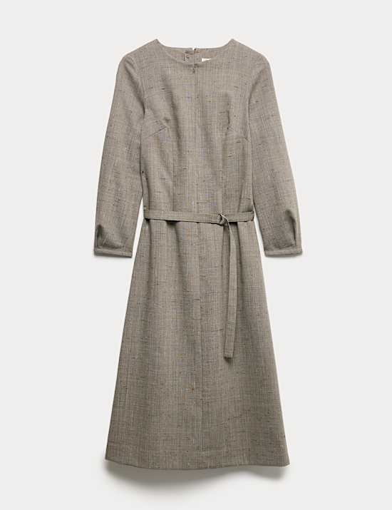 Wool Rich Flannel Belted Midi Dress