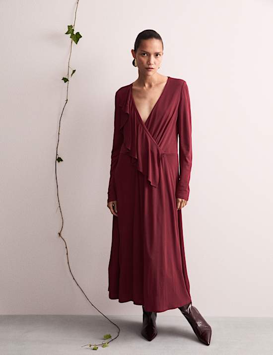 Robe midi style portefeuille &agrave; volants et col en V en jersey