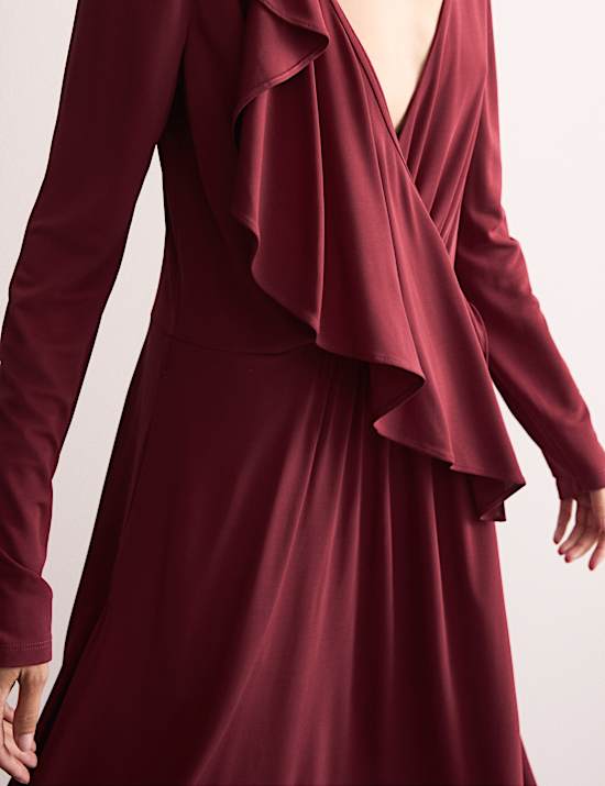 Robe midi style portefeuille &agrave; volants et col en V en jersey