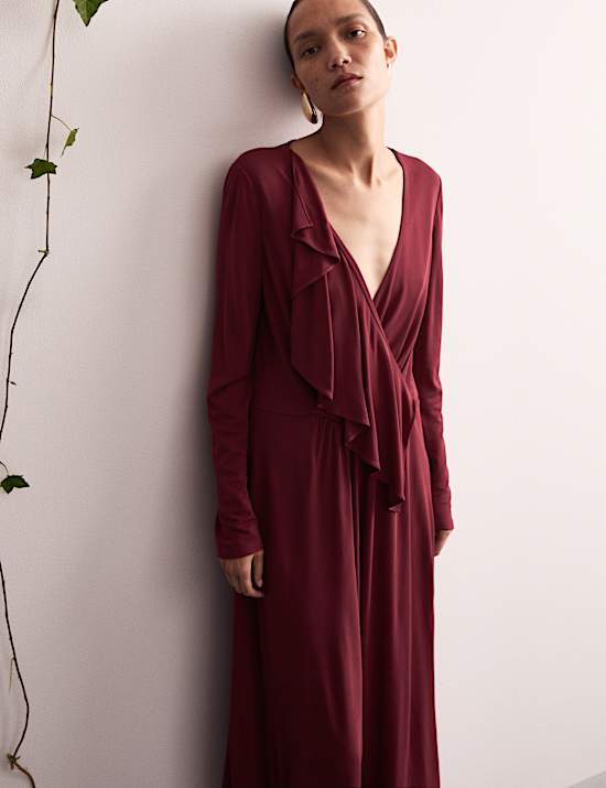 Robe midi style portefeuille &agrave; volants et col en V en jersey