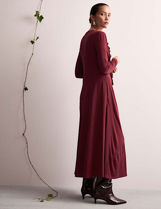 Robe midi style portefeuille &agrave; volants et col en V en jersey