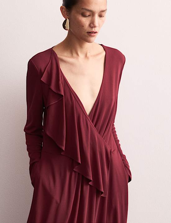 Robe midi style portefeuille &agrave; volants et col en V en jersey