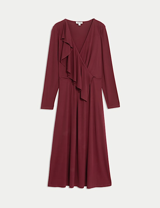 Robe midi style portefeuille &agrave; volants et col en V en jersey