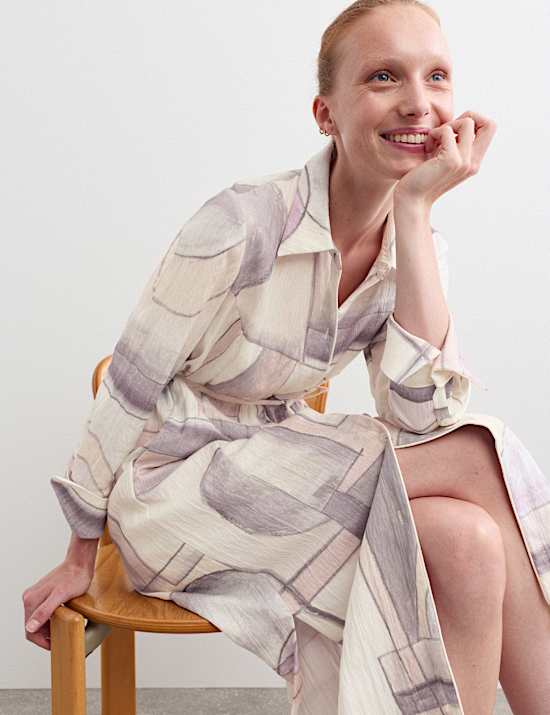 Printed Tie Waist Midi Shirt Dress